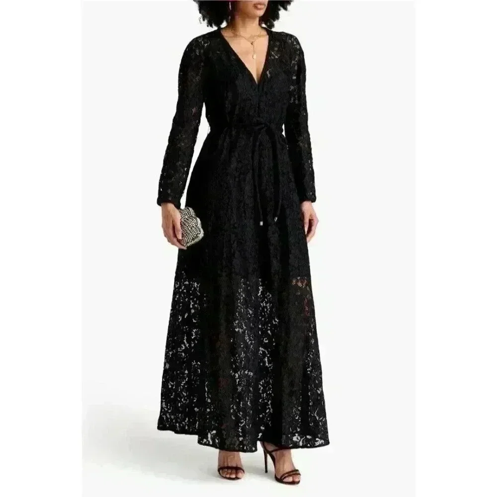 zimmerman black lace dress Zimmermann Illustration Flounce Bow-Detailed Cutout Lace-Silk Gown in Black